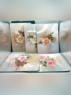 Vintage 2002 Jason Fragrant Blooms Rose Cork Back Placemats Set Of 5 Y2K Cottage